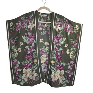 MAX STUDIO Floral Kimono Cardigan Olive Green White Pink Yellow Size L Flowy